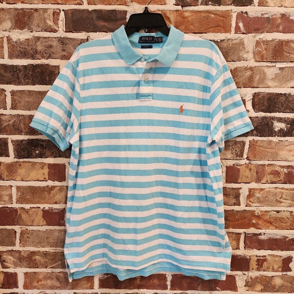 Polo Ralph Lauren Custom Fit Golf Polo Shirt White Blue Stripes Men’s Size XL.